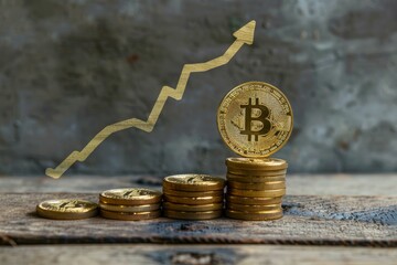 Poster - Golden bitcoin coin stacks arranged as bar graph going up with upward arrow