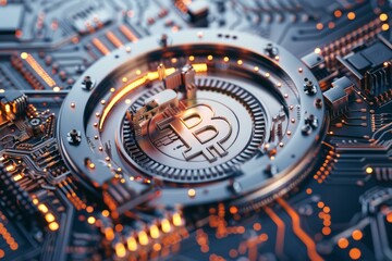 Poster - Bitcoin cryptocurrency is shining on a futuristic circuit board