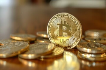 Poster - One bitcoin standing on edge is surrounded by numerous other golden coins