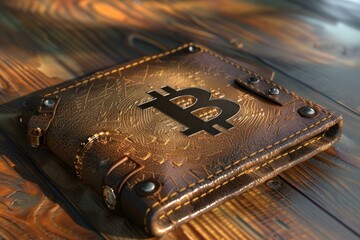Poster - Leather crypto currency wallet is laying on a wooden table holding bitcoin