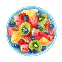 Canvas Print - A watercolor vector of a refreshing fruit salad in a bowl, isolated on a white background. Fruit salad bowl vector.
