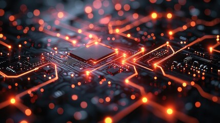 Poster - A close-up view of a circuit board with glowing connections and a central processing unit.