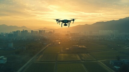 Fototapete - Automated drones controlled by AI deliver goods and monitor urban and rural landscapes during sunset in a clear sky. Generative AI