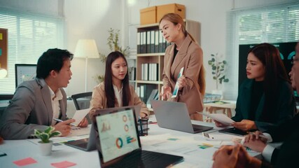 Fototapete - Competent businesspeople discussing together in conference room, colleagues collaborating and analyzing financial statistics and planning ways to increase company profits or investment growth