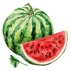 Canvas Print - A watercolor vector of ripe watermelon with a slice cut out, isolated on a white background. Ripe watermelon slice vector.
