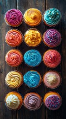 Wall Mural - Assortment of colorful cupcakes arranged in neat rows showcasing various frosting styles and flavors on a rustic