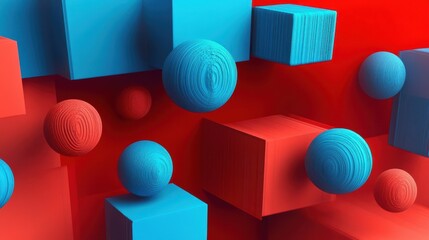 Poster - Vibrant Interplay of Textured Geometric Shapes in Anaglyph Style Showcasing Depth and Color Contrast
