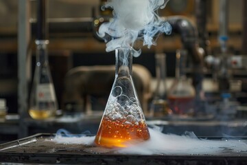 Poster - bubbling orange chemical liquid in an erlenmeyer flask creating smoke in a laboratory