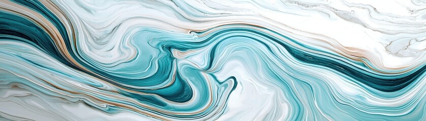 Poster - Abstract fluid art with turquoise, white and gold swirls showcasing elegant movement and smooth textures, perfect for backgrounds or stylish decor projects.