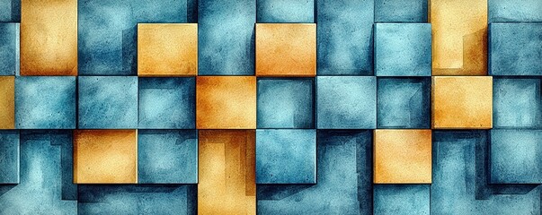 Poster - Abstract geometric background featuring blue and orange squares with a watercolor texture and artistic design elements for visual projects
