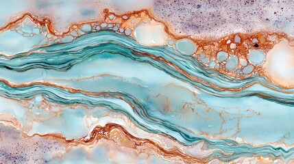 Poster - Abstract fluid art with turquoise, gold, and white colors creating a mesmerizing wave pattern in textured layers of glossy paint.