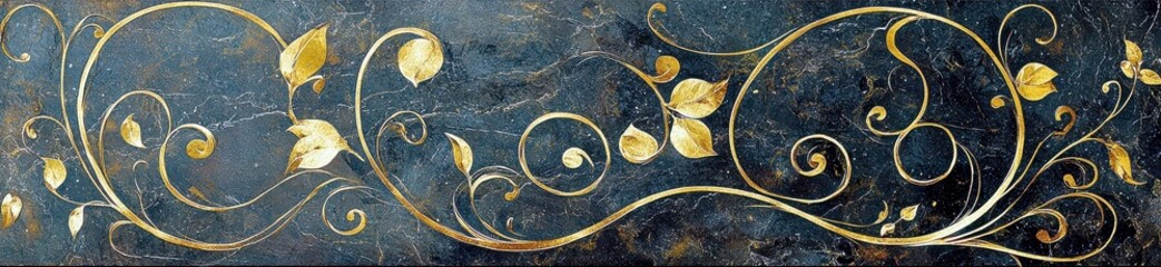 Poster - Elegant golden vine design on dark stone background featuring swirling patterns and delicate leaves, perfect for enhancing artistic or decorative projects.