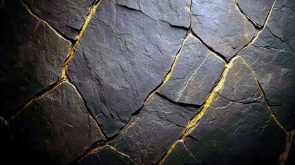 Poster - Textured Dark Slate Surface with Golden Veins and Cracks Illuminated by Light for Unique Background Designs and Artistic Projects