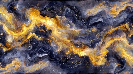 Poster - Abstract cosmic art with swirling blue, gold, and black textures creating a dreamy and ethereal space background for various design projects