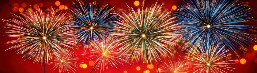 Poster - Colorful Fireworks Display Against Vibrant Red Background, Celebratory Lights Bursting with Energy and Joy, Perfect for Festive Occasions and Events