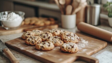 Poster - Freshly baked cookies on a kitchen countertop with a scattering of flour and kitchen utensils in the background. Generative AI