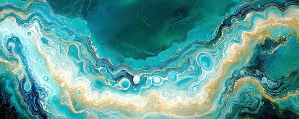 Poster - Abstract fluid art design with vibrant teal, gold, and white waves flowing elegantly across a textured surface creating a mesmerizing visual experience