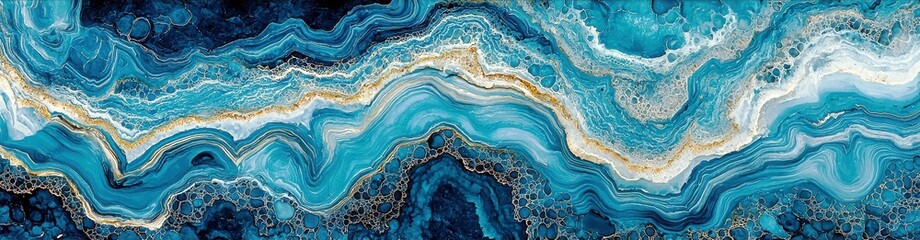 Poster - Vibrant Abstract Wave Pattern of Blue and Teal Hues with Touches of Gold and White in a Fluid Design Perfect for Background Use
