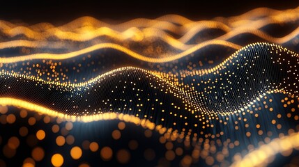 Poster - Abstract Golden Particle Waves Digital Art Background Illustration