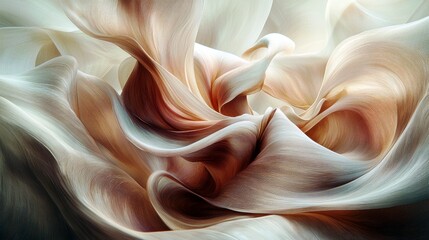 Poster - Elegant flowing fabric with soft waves and intricate textures in gentle hues of cream, peach, and beige creating a dreamy and ethereal background design.