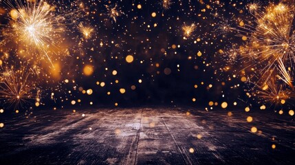 Poster - Spectacular Night Sky with Explosive Fireworks Display Creating a Dazzling Atmosphere of Celebration and Joy Amidst Glimmering Gold Bokeh Effects