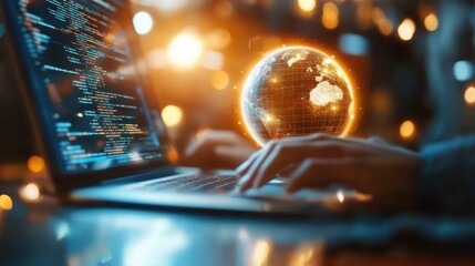 Hands typing on laptop keyboard with glowing digital globe and code overlay, technology network connection, cybersecurity concept for business, innovation, global communication, futuristic background