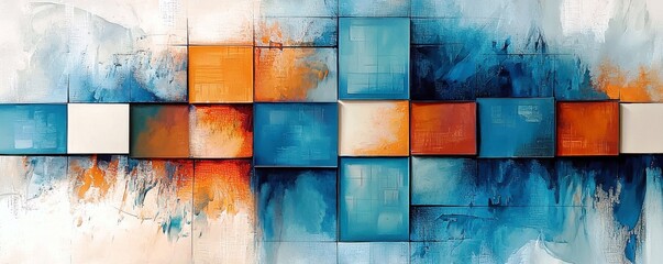 Poster - Abstract painting with vibrant blue and orange colors creating a dynamic composition of geometric shapes and textures for modern art enthusiasts