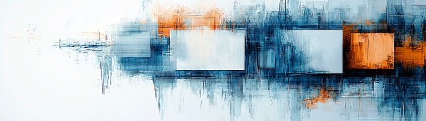 Poster - Abstract composition with blue and orange colors showcasing geometric shapes and textured brush strokes against a light background