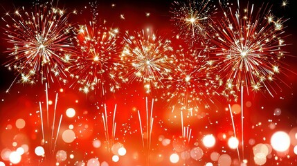 Poster - Vibrant Fireworks Display Over Red Background Creating a Festive Atmosphere with Sparkles and Blurry Lights for Celebrations and Special Events