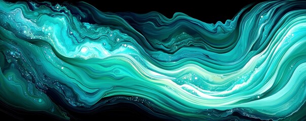 Poster - Abstract fluid art design with vibrant teal and turquoise waves, blending smoothly on a black background, showcasing modern artistic expression and creativity