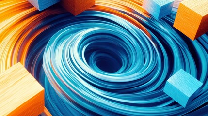 Poster - Abstract patterns with vibrant blue and orange swirls surrounding colorful blocks creating a dynamic visual composition for creative projects