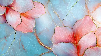 Aufkleber - Delicate Pink Flowers on Aqua Background with Golden Veins and Intricate Color Details, Ideal for Nature-Themed Art or Modern Interiors