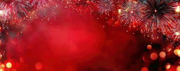 Poster - Vibrant Red Background with Explosive Fireworks Display and Sparkling Bokeh Effect for Celebrations and Festive Occasions