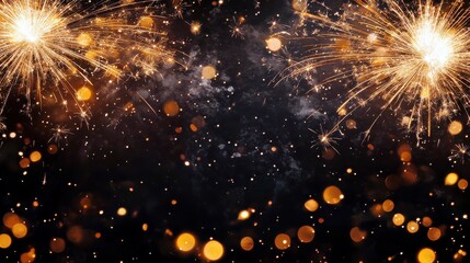 Poster - Sparkling Fireworks Display with Glowing Bokeh Lights for Celebratory Events, Festivals, or New Year Celebrations Against a Dark Background