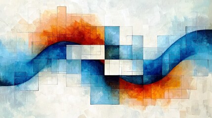 Poster - Abstract Artwork with Blue and Orange Waves Overlaid on Textured Background with Geometric Shapes and Soft Color Gradients for Creative Design