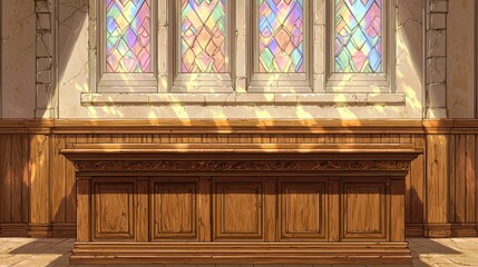 Poster - Elegant wooden counter with stained glass windows in a serene interior setting, showcasing intricate designs and soft light reflections on the floor