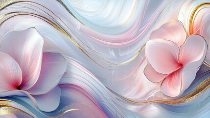 Poster - Elegant Abstract Art with Smooth Curves and Delicate Floral Elements in Pastel Pink and Blue Tones