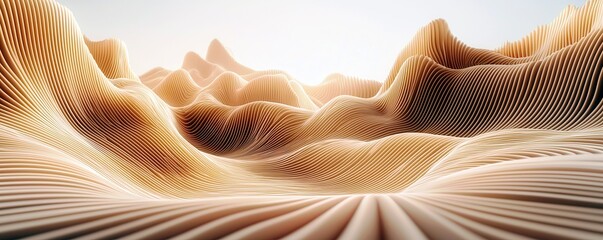 Poster - Abstract Curved Landscape with Flowing Lines in Soft Beige Tones Representing Depth and Dimension in a Minimalistic Style