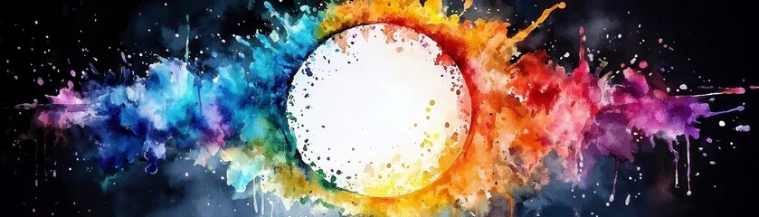 Poster - Vibrant Abstract Watercolor Burst with Colorful Swirls and Accents on a Black Background for Creative Design and Art Projects