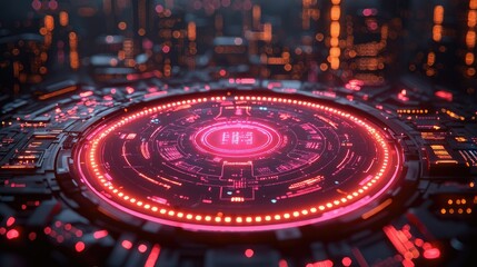 Poster - A futuristic circular interface with glowing elements, suggesting advanced technology.