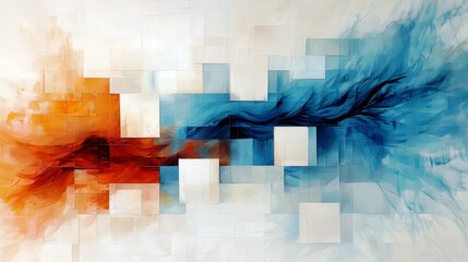 Poster - Abstract artwork featuring swirling colors of blue and orange with geometric shapes creating a dynamic visual interplay of light and shadow