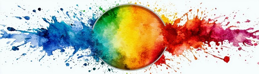 Poster - Vibrant Rainbow Watercolor Splash with Circular Centerpiece Creating a Dynamic Burst of Colorful Artistry Against a Clean White Background