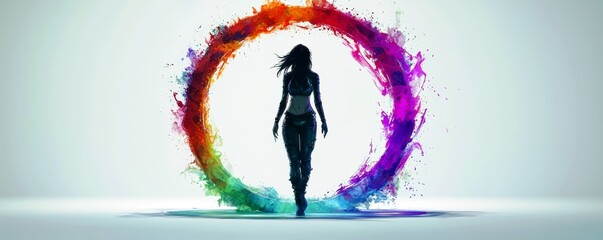 Poster - Mystical Woman Silhouette Emerging from Colorful Swirls of Paint in Abstract Art Scene with Vibrant Rainbow Explosion in Background