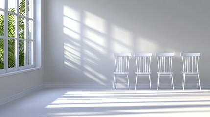 Wall Mural - A row of six modern white chairs with wooden legs is positioned against a gray wall. Natural light filters through a window, creating delicate shadows across the floor and chairs