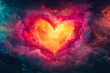 Wall Mural - heart is drawn in the clouds, surrounded by a colorful sky. the heart is red and orange, and it is g
