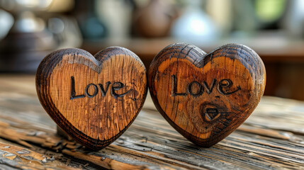 Wall Mural - two wooden hearts with the word love written on them. the hearts are placed on a wooden table