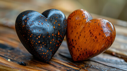 Wall Mural - two wooden hearts with black and orange spots on them. the hearts are placed on a wooden surface