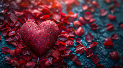 Wall Mural - heart is surrounded by red petals on a blue background. the heart is surrounded by a lot of petals, 