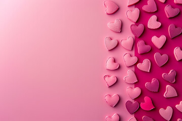 Wall Mural - pink background with a row of hearts on it. the hearts are of different sizes and are scattered acro