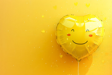 Wall Mural - yellow balloon with a smiling face on it is sitting on a yellow background. the balloon is surrounde